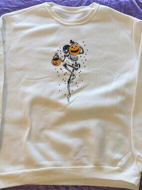 Halloween Skeleton Pumpkin Dancing Sweater Womens XL Spooky Fall Graphic